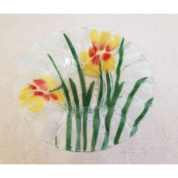 Vintage Fused Glass Floral Dinner Plate Berry Bowl Handcrafted Iris Flower Set - Picture 6 of 8